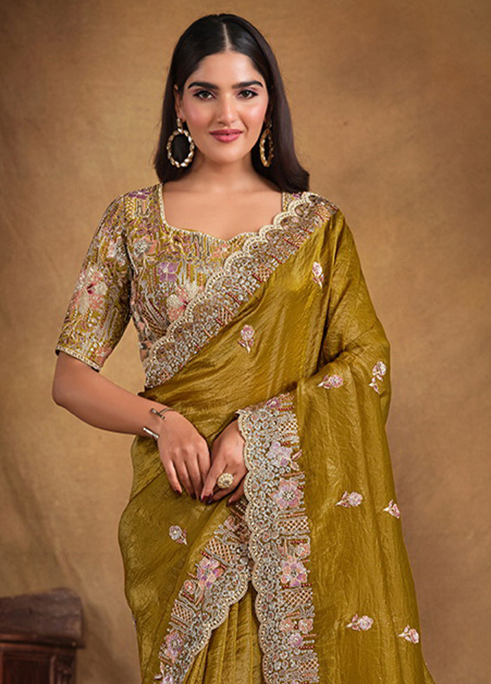 Mehendi Spun Pure Silk Saree With Blouse Piece