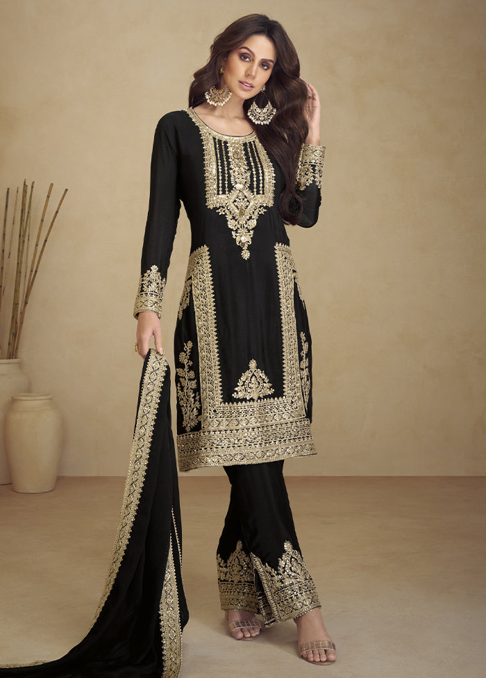 3 Pc Black Semi Stitched Georgette Suit Set