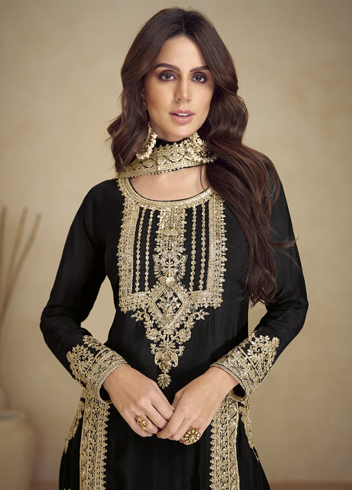 3 Pc Black Semi Stitched Georgette Suit Set