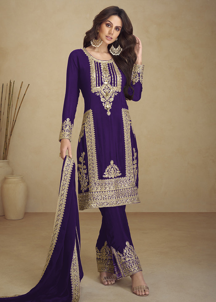 3 Pc Purple Semi Stitched Georgette Suit Set