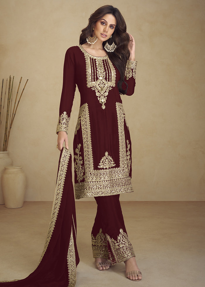 3 Pc Maroon Semi Stitched Georgette Suit Set