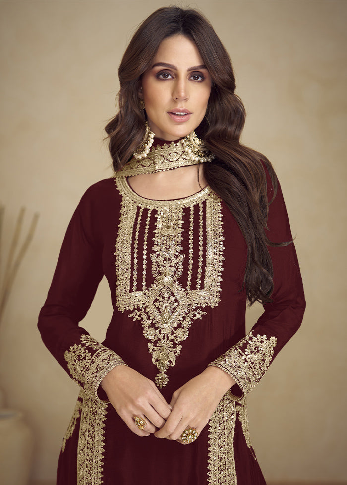 3 Pc Maroon Semi Stitched Georgette Suit Set