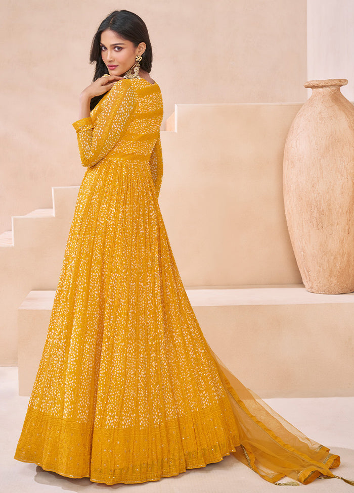 3 Pc Yellow Semi Stitched Georgette Suit Set