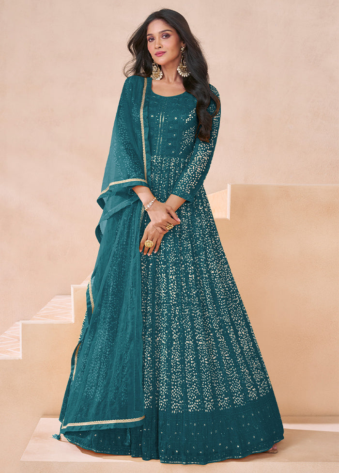 3 Pc Teal Semi Stitched Georgette Suit Set