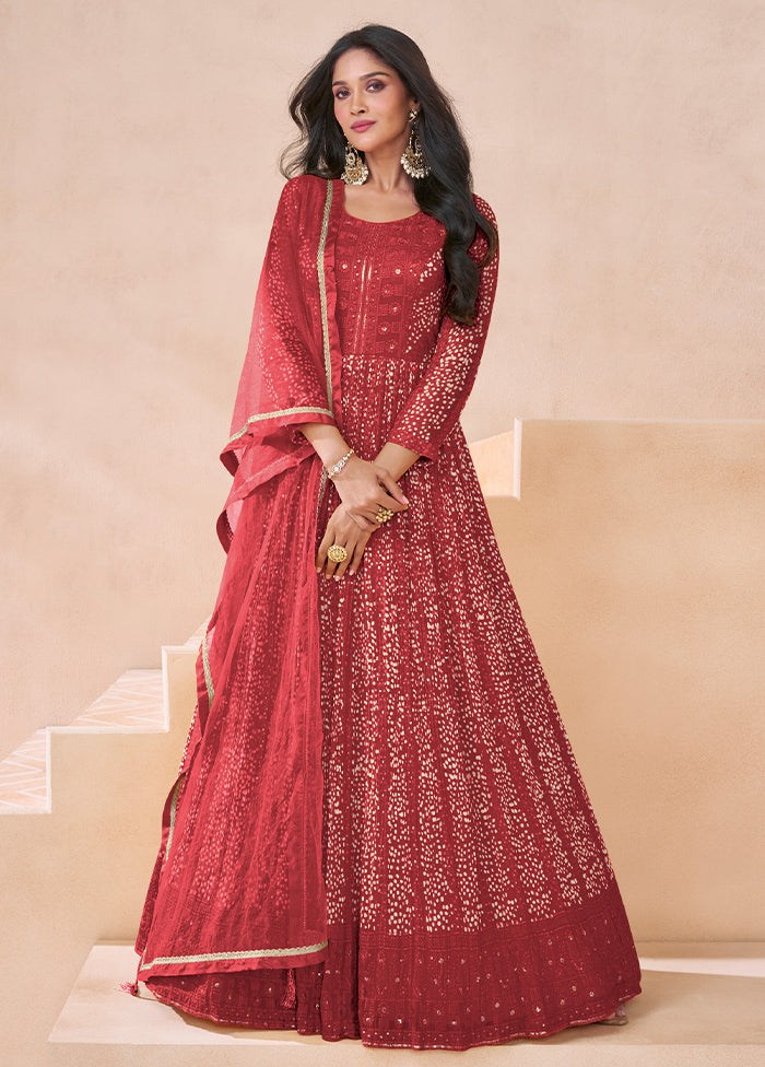 3 Pc Red Semi Stitched Georgette Suit Set