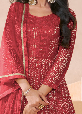 3 Pc Red Semi Stitched Georgette Suit Set