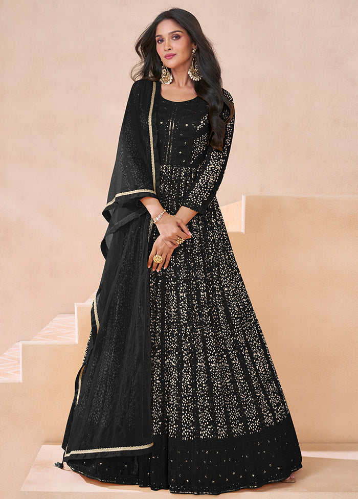 3 Pc Black Semi Stitched Georgette Suit Set