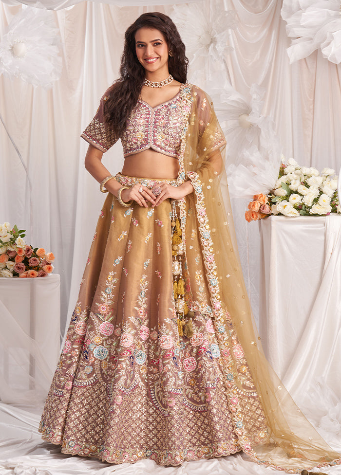 3 Pc Brown Silk Semi Stitched Lehenga Set