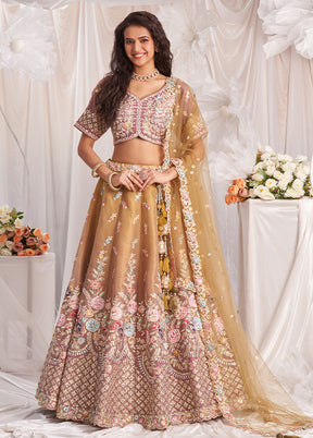 3 Pc Brown Silk Semi Stitched Lehenga Set