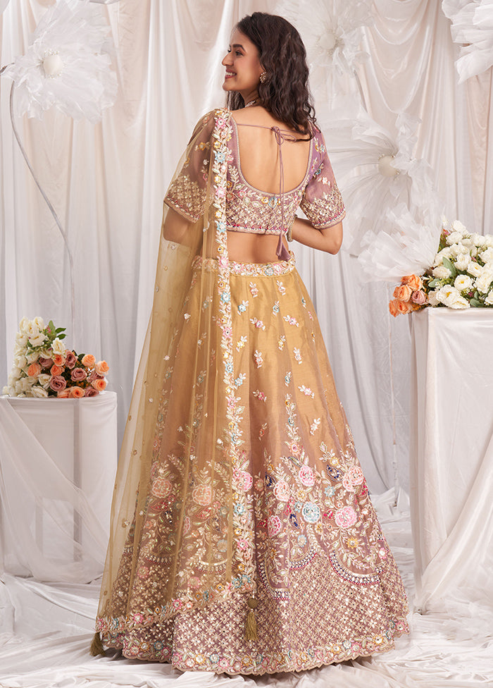 3 Pc Brown Silk Semi Stitched Lehenga Set