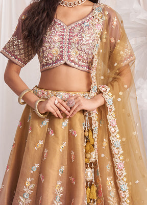 3 Pc Brown Silk Semi Stitched Lehenga Set