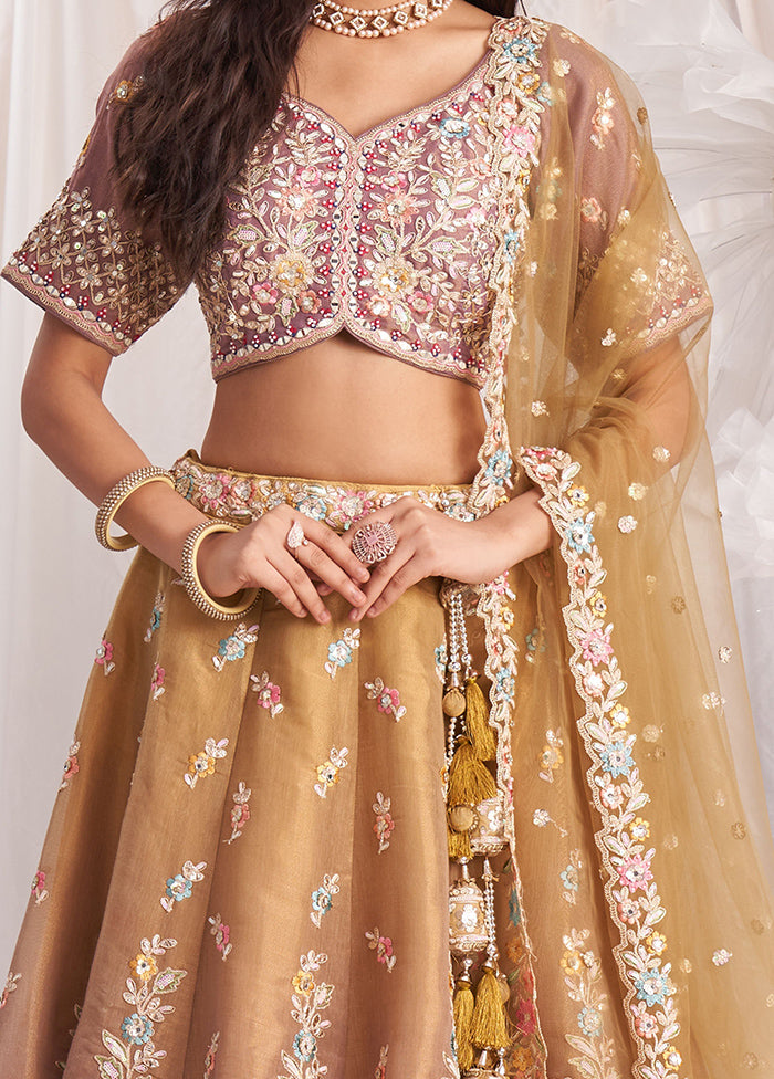 3 Pc Brown Silk Semi Stitched Lehenga Set