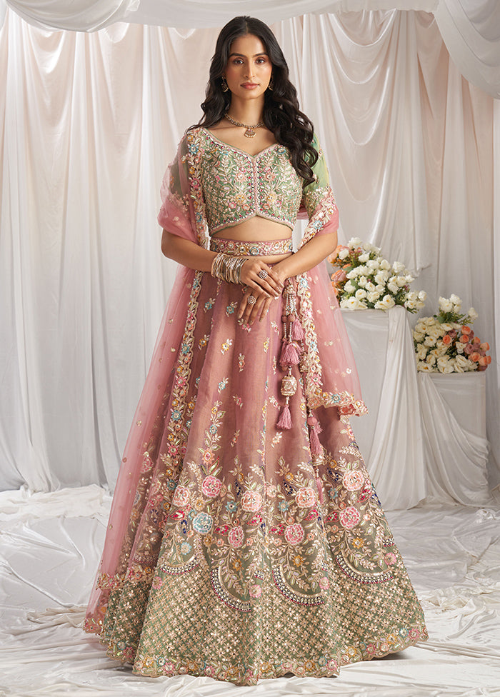 3 Pc Pink Silk Semi Stitched Lehenga Set