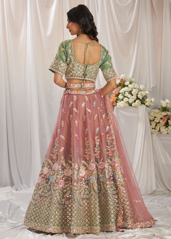 3 Pc Pink Silk Semi Stitched Lehenga Set