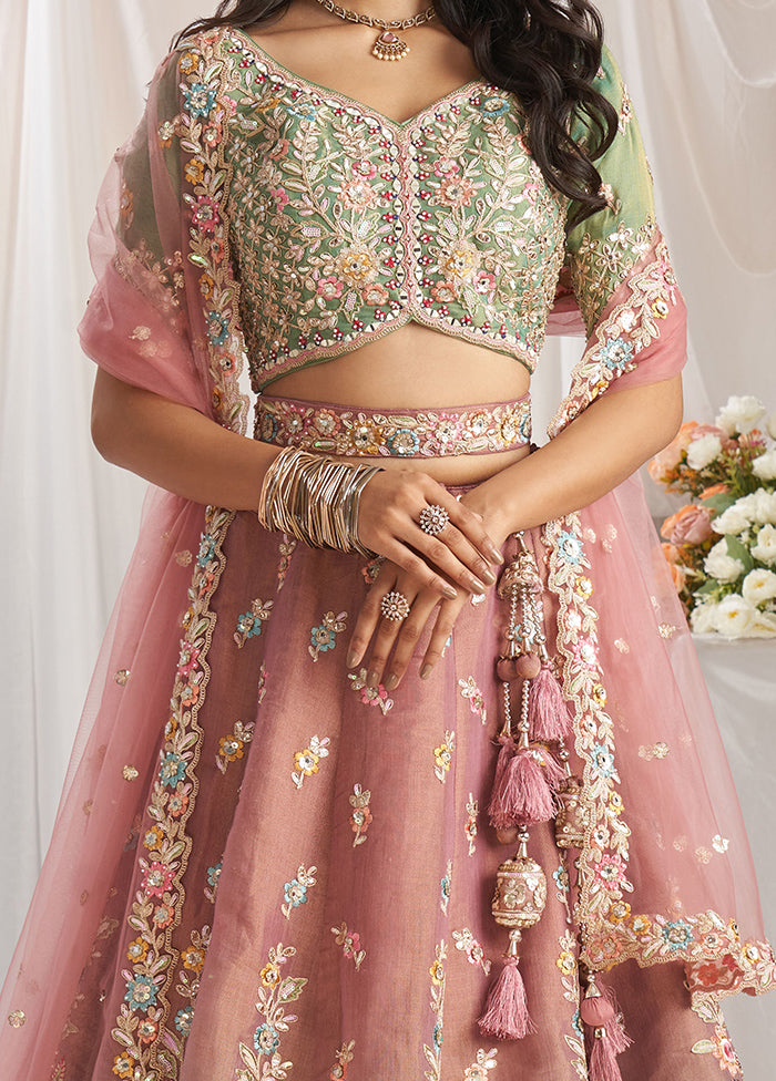 3 Pc Pink Silk Semi Stitched Lehenga Set