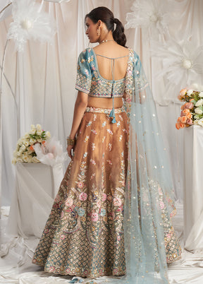 3 Pc Brown Silk Semi Stitched Lehenga Set