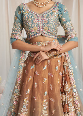 3 Pc Brown Silk Semi Stitched Lehenga Set