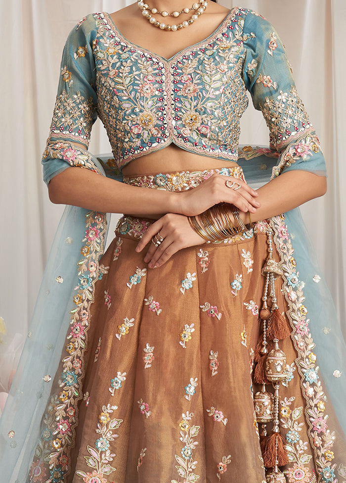 3 Pc Brown Silk Semi Stitched Lehenga Set