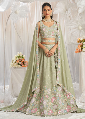 3 Pc Pista Green Silk Semi Stitched Lehenga Set