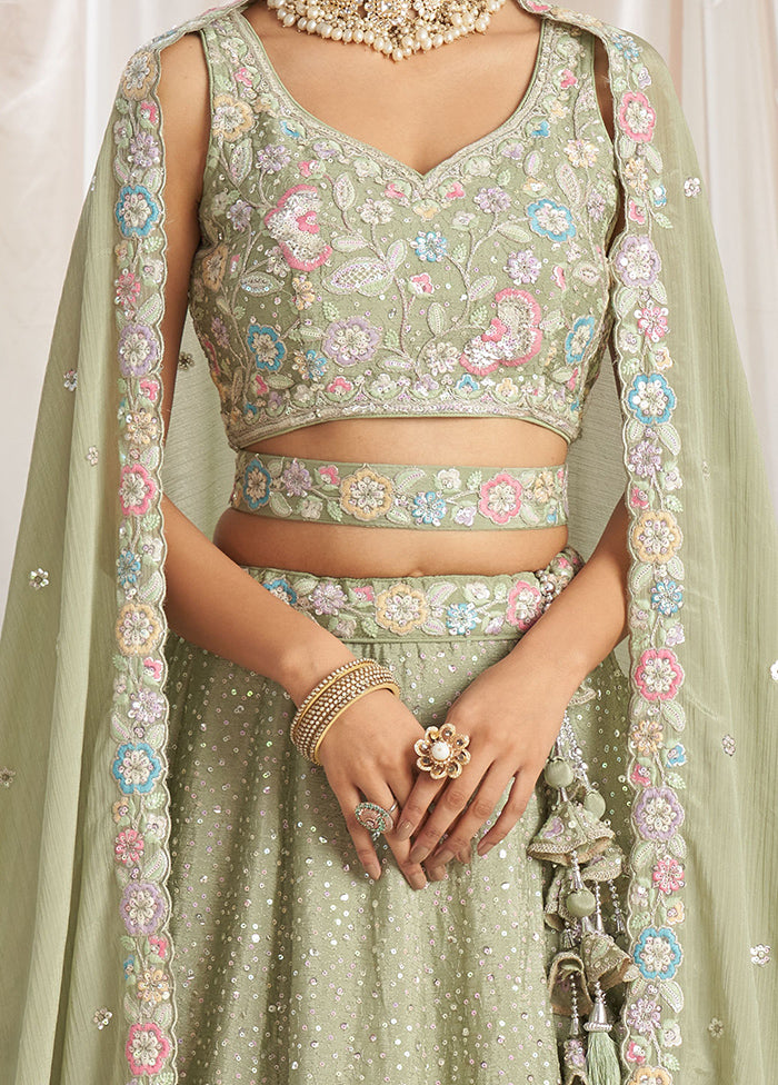 3 Pc Pista Green Silk Semi Stitched Lehenga Set