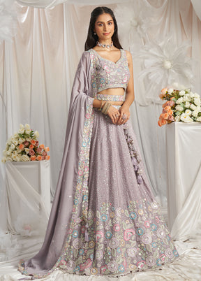 3 Pc Mauve Silk Semi Stitched Lehenga Set