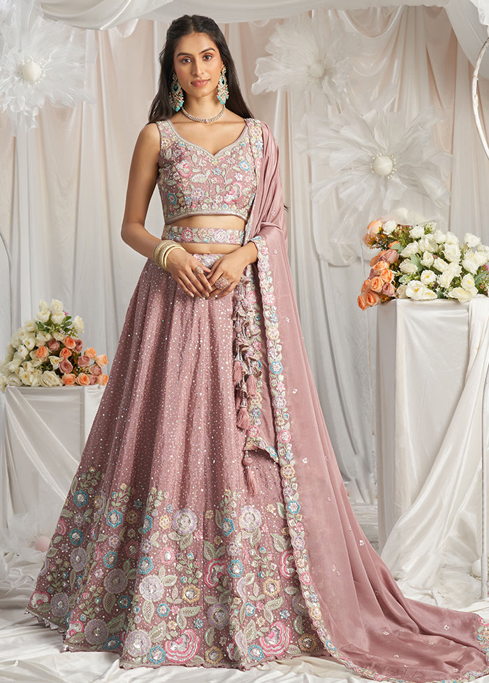 3 Pc Pink Silk Semi Stitched Lehenga Set