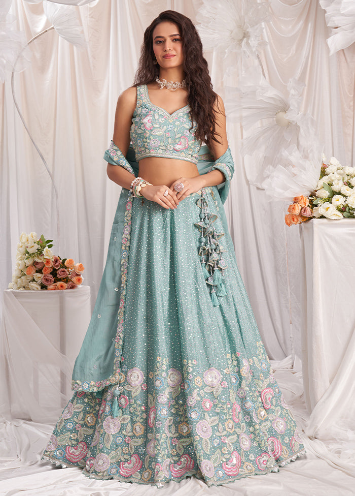 3 Pc Sea Green Silk Semi Stitched Lehenga Set