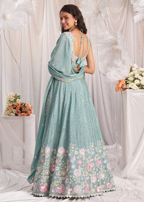 3 Pc Sea Green Silk Semi Stitched Lehenga Set