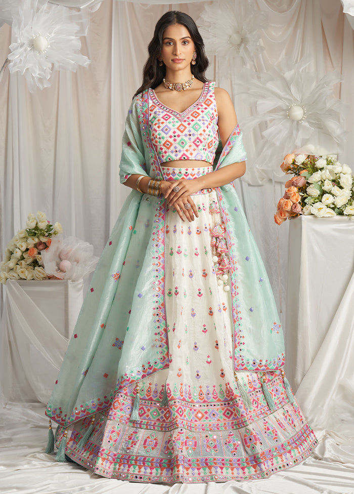 3 Pc Cream Net Semi Stitched Lehenga Set