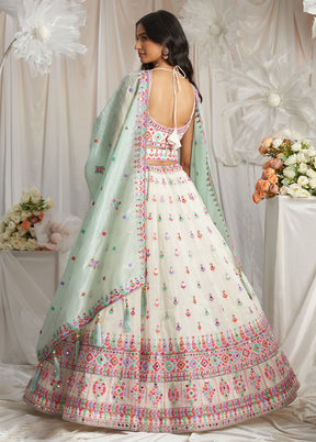 3 Pc Cream Net Semi Stitched Lehenga Set