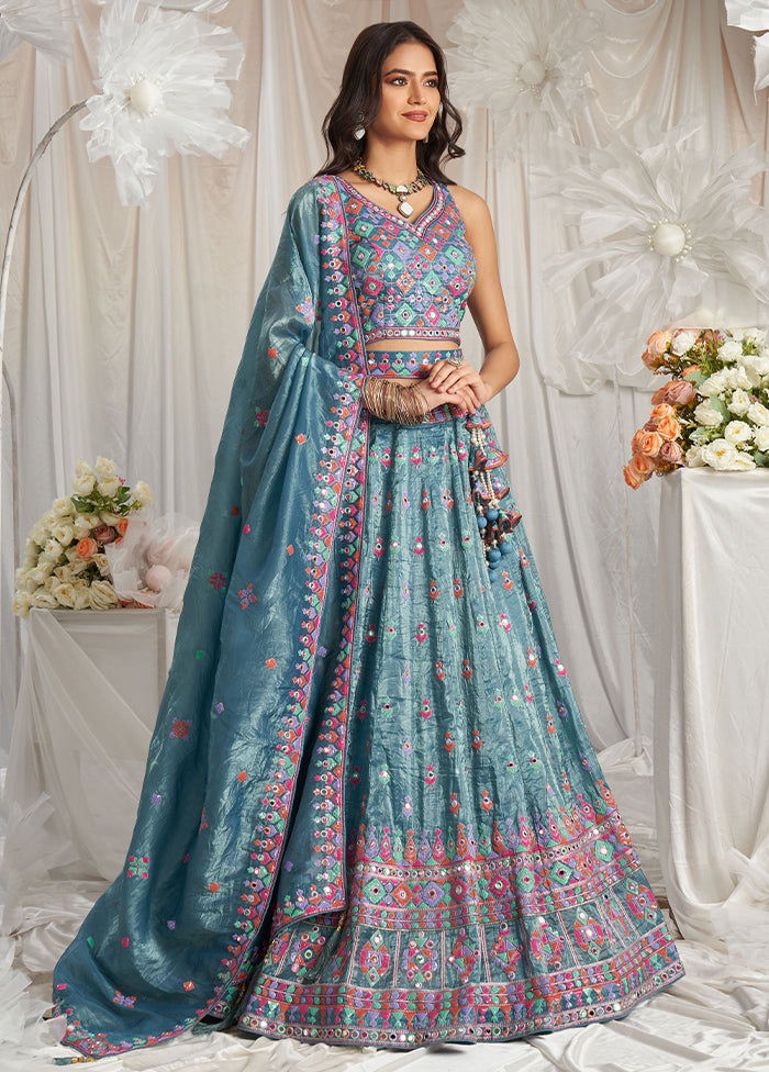 3 Pc Teal Net Semi Stitched Lehenga Set