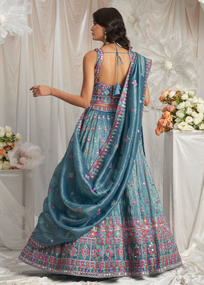 3 Pc Teal Net Semi Stitched Lehenga Set