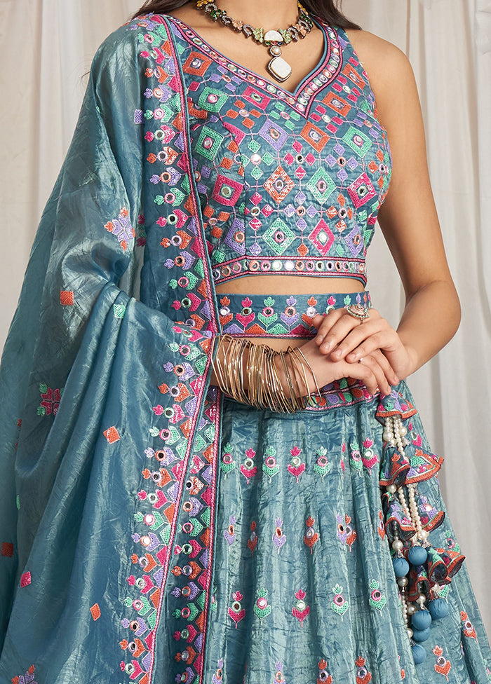 3 Pc Teal Net Semi Stitched Lehenga Set