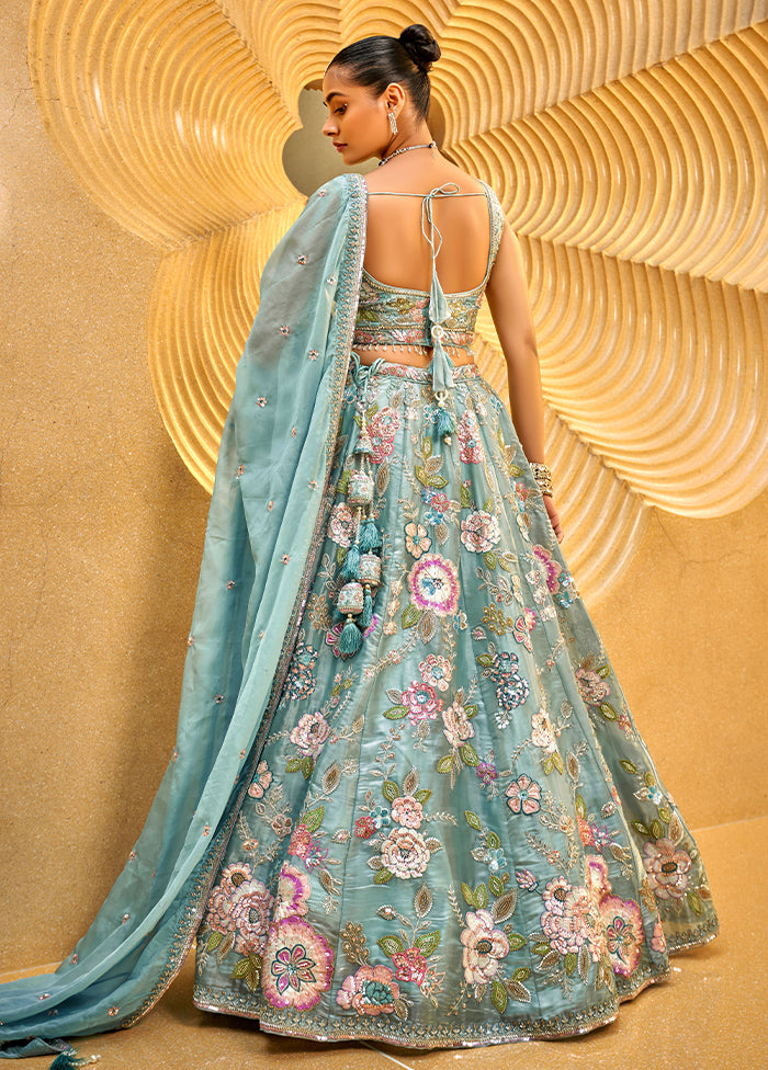 3 Pc Sea Green Net Semi Stitched Lehenga Set