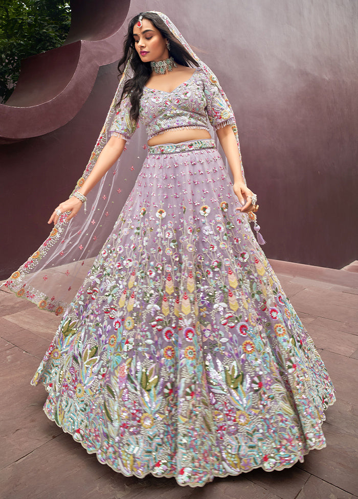 3 Pc Mauve Net Semi Stitched Lehenga Set