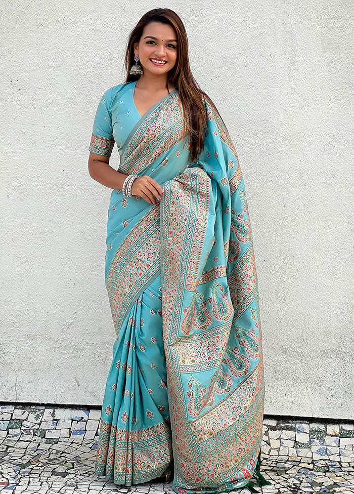 Blue Pasmina Silk Saree With Blouse Piece