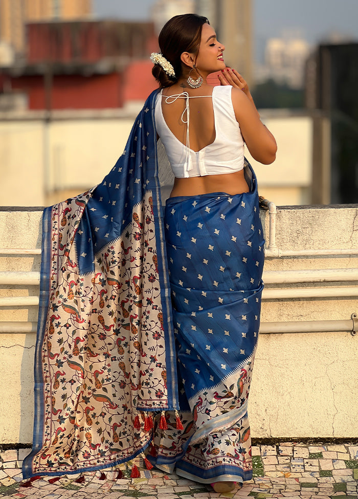 Blue Spun Silk Saree With Blouse Piece