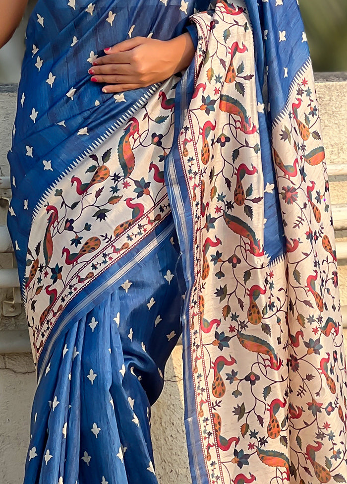 Blue Spun Silk Saree With Blouse Piece