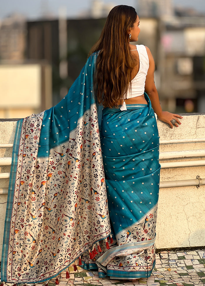 Turquoise Spun Silk Saree With Blouse Piece