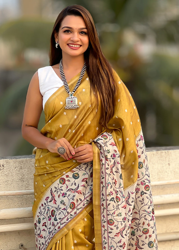 Mustard Spun Silk Saree With Blouse Piece