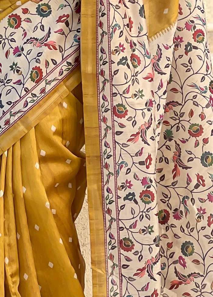 Mustard Spun Silk Saree With Blouse Piece