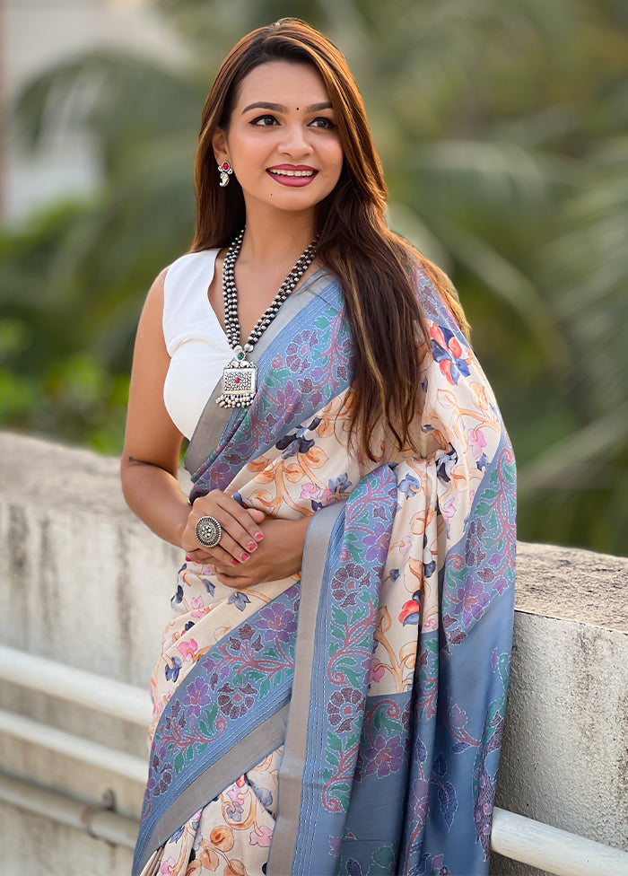 Blue Tussar Silk Saree With Blouse Piece