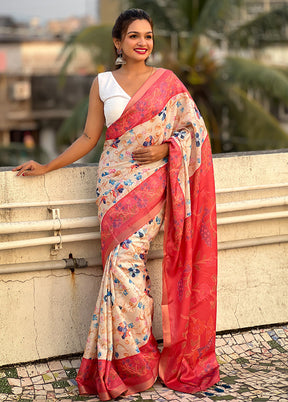 Cream Tussar Silk Saree With Blouse Piece