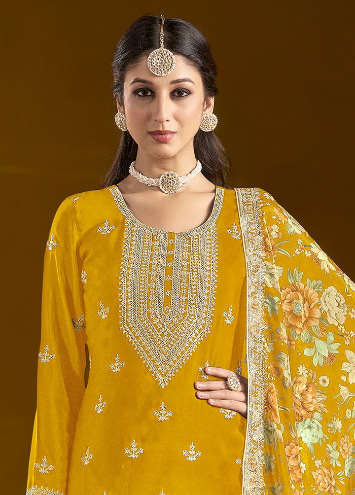 3 Pc Yellow Readymade Silk Dupatta Suit Set