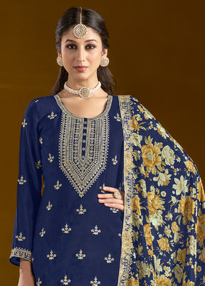 3 Pc Blue Readymade Silk Dupatta Suit Set