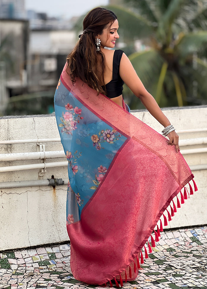 Blue Spun Silk Saree With Blouse Piece