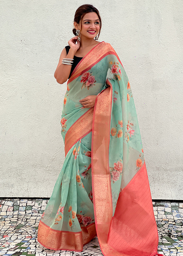 Sea Green Spun Silk Saree With Blouse Piece