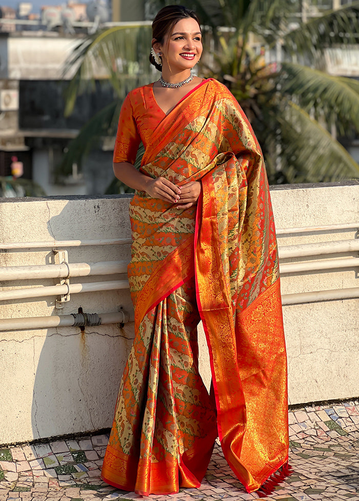 Orange Dupion Silk Saree With Blouse Piece