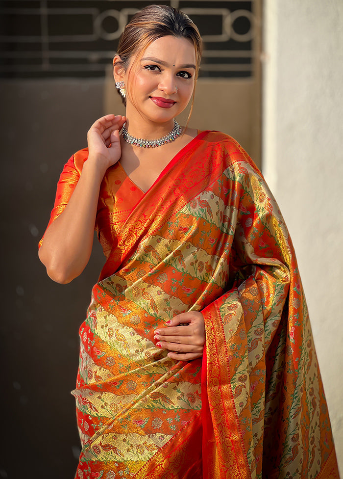 Orange Dupion Silk Saree With Blouse Piece