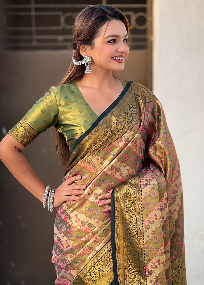 Green Dupion Silk Saree With Blouse Piece